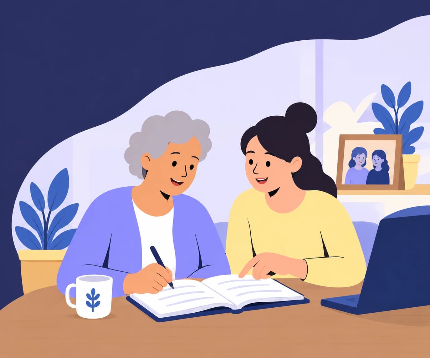 An older woman and her adult daughter looking through a notebook together at home.